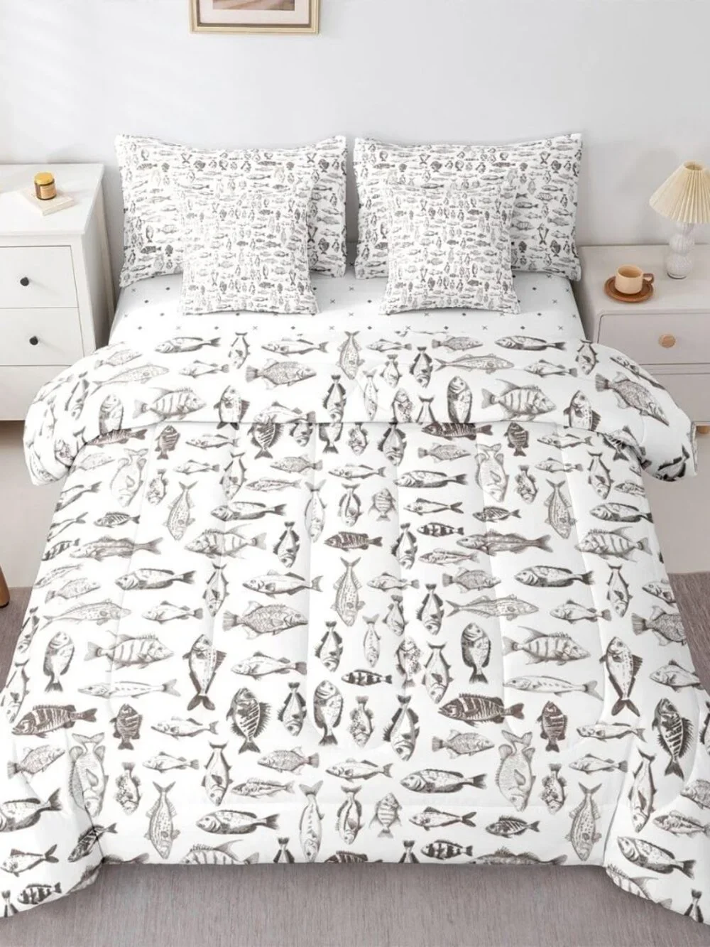 Fishing Comforter Set with Sheets 7 Piece Full Size Rustic Lakehouse Bedding Set